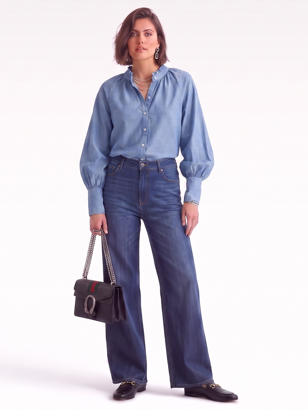 Madison Mathews Women's M Ruffle Collar Cotton Oxford Blouse Button Down Shirt